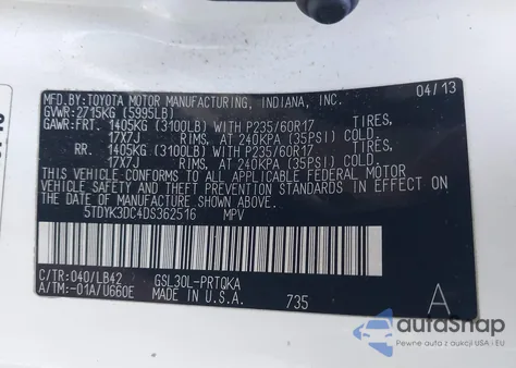 2013 Toyota Sienna z USA, uszkodzony, nr VIN 0TDYK3DC4DS362516